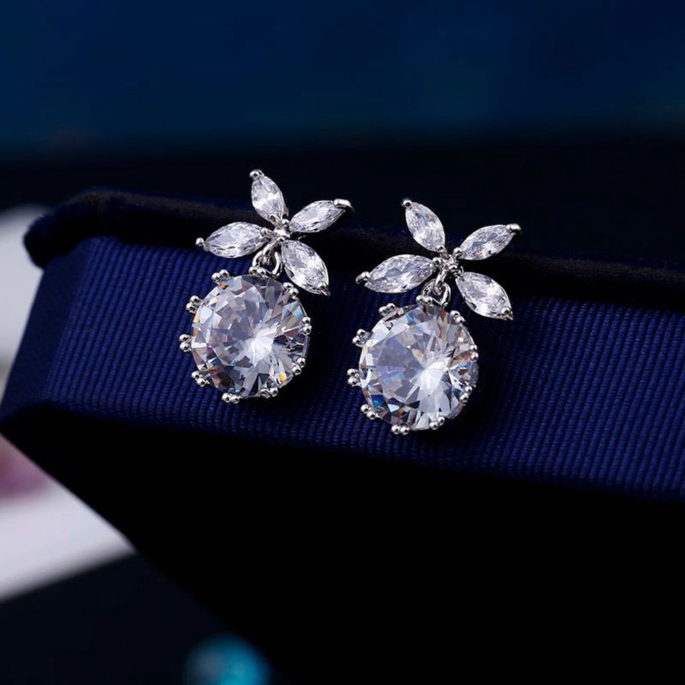Khuyên tai kim bạc 925 dạng thả khảm đá zircon lấp lánh chống dị ứng