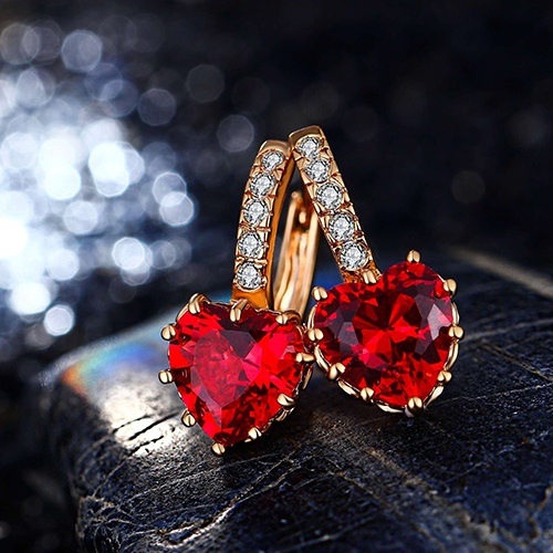 Đôi Bông Tai Mạ Vàng 18K Hình Trái Tim Đỏ