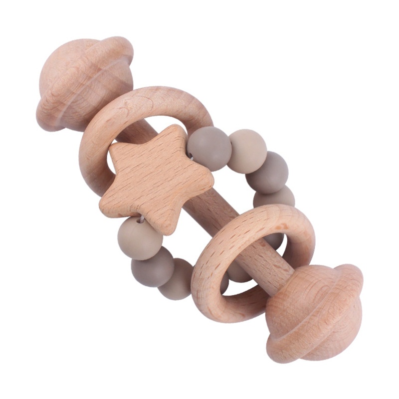 Đồ Chơi Lục Lạc Cầm Tay Bằng Silicone Phối Chuỗi Hạt Gỗ Dành Cho Trẻ Sơ Sinh