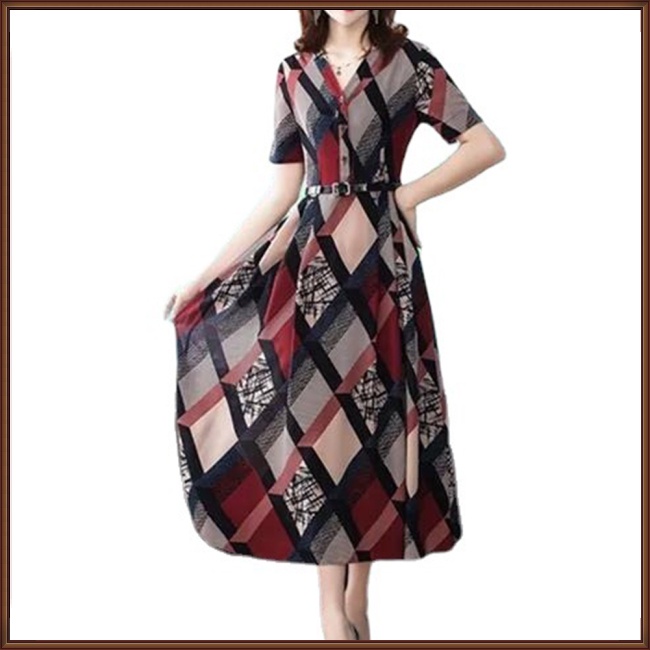 Đầm Dài Cổ Chữ V Tay Ngắn Họa Tiết Kẻ Ô Kèm Thắt Lưng Phong Cách Cổ Điển Dành Cho Nữ