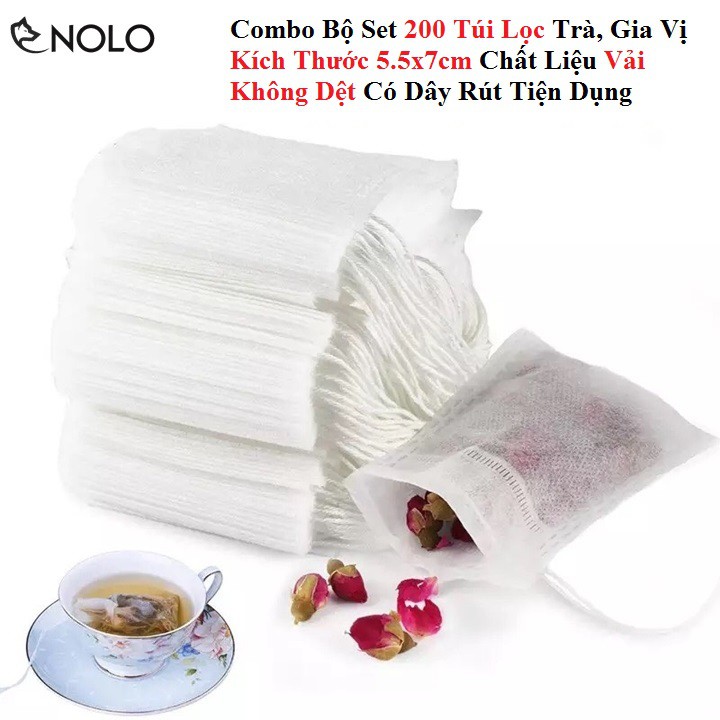 Combo Set 200 Túi Lọc Trà, Gia Vị Kích Thước 5.5x7cm Chất Liệu Vải Không Dệt Có Dây Rút Tiện Dụng