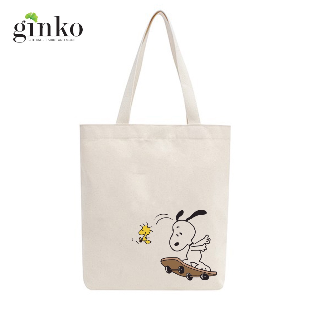 Túi tote vải mộc GINKO có dây kéo miệng túi ( túi con bên trong ) in hình Snoopy and Friends M99