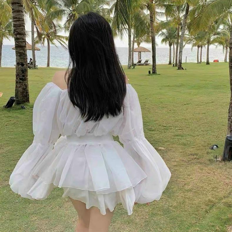 Set đồ nữ sang chảnh, set voan dài tay có lót chân váy xòe nhún eo mặc tôn dáng tone trắng tinh khôi Tây Thi Shop | BigBuy360 - bigbuy360.vn