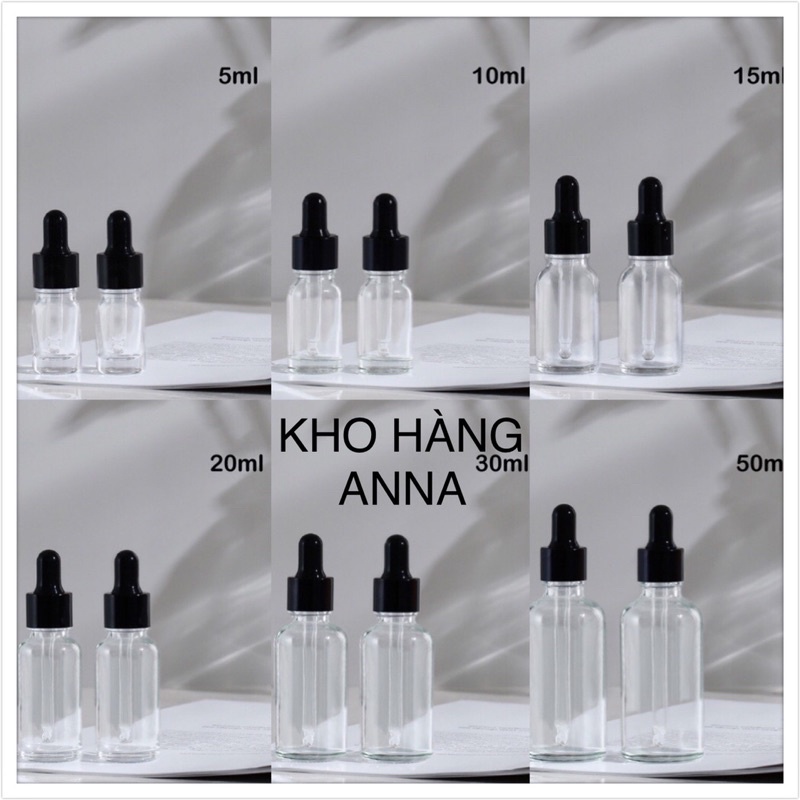 COMBO 5 chai thủy tinh Trong suốt Đựng tinh dầu 10ml/ 20ml/ 30ml/ 50ml/ 100ml- Chai Nắp xịt sương/ bóp xịt giọt/ nắp Đen