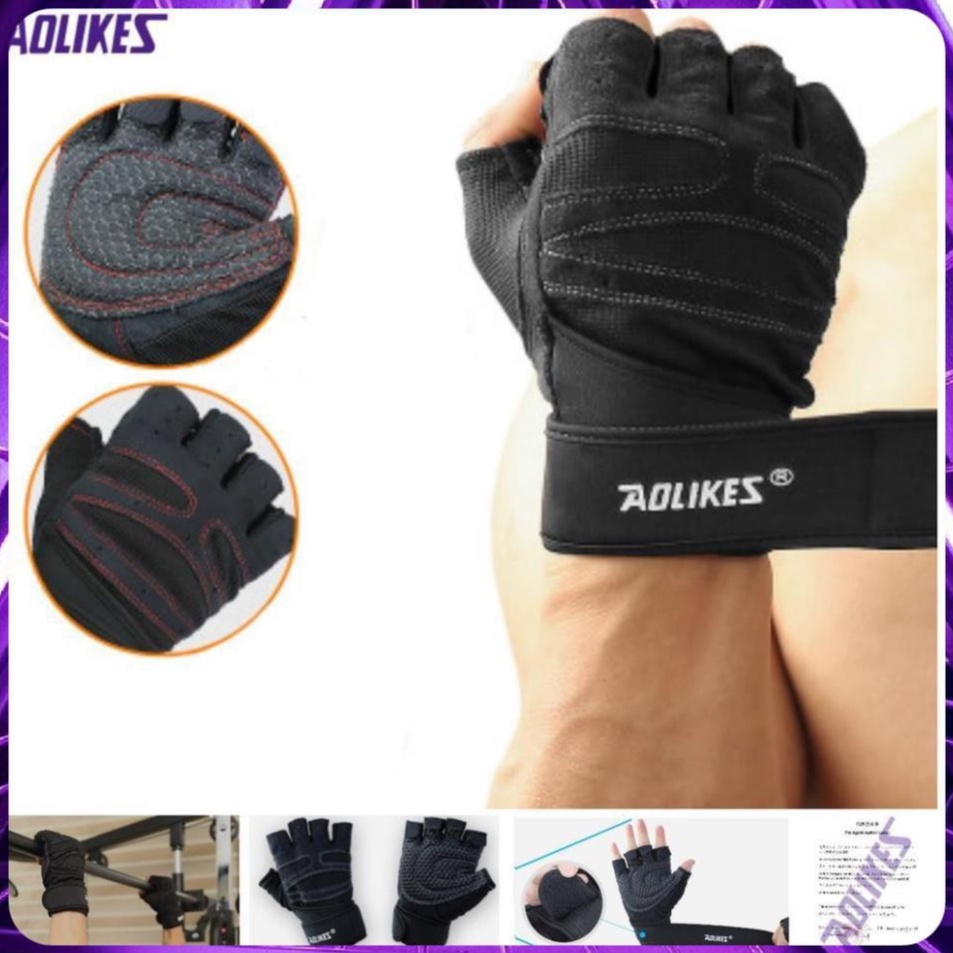 Găng tay Aolikes al 109 cụt hở ngón có cuốn cổ tay đệm lòng bàn tay, bao tay quấn thể thao tập gym tạ thể hình