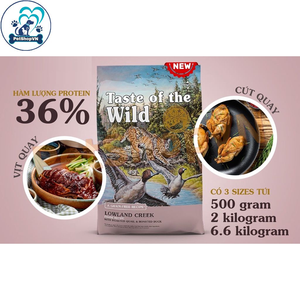 Thức Ăn Cho Mèo Hạt TASTE OF THE WILD LOWLAND CREEK Bao 6.6Kg Vị Chim Cút Và Vịt Quay