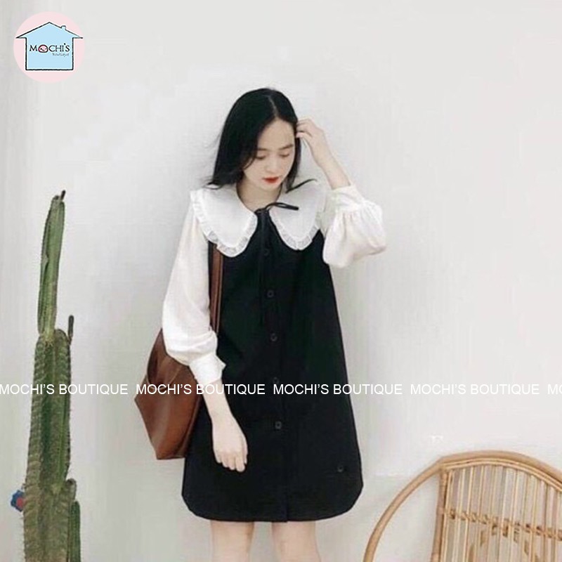 Váy đầm suông thiết kế dáng chữ A, mẫu váy đầm nữ đẹp babydoll cổ bẻ bản to tay phồng, màu đen trắng kết hợp-M044