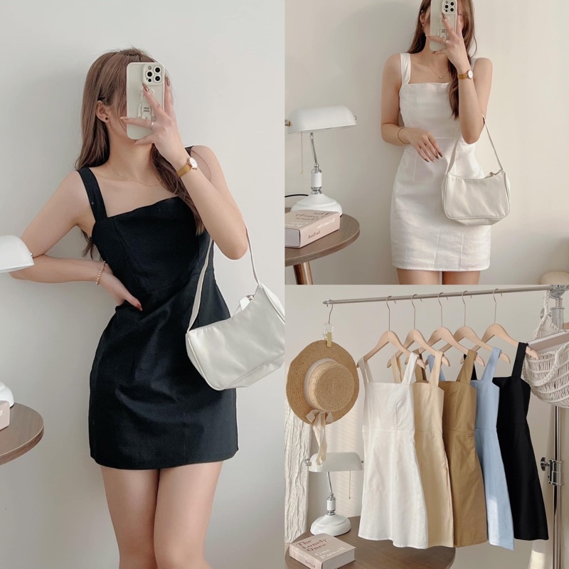 [Ảnh thật/Video]Váy hai dây bản to mididress Đầm hai dây chun lưng