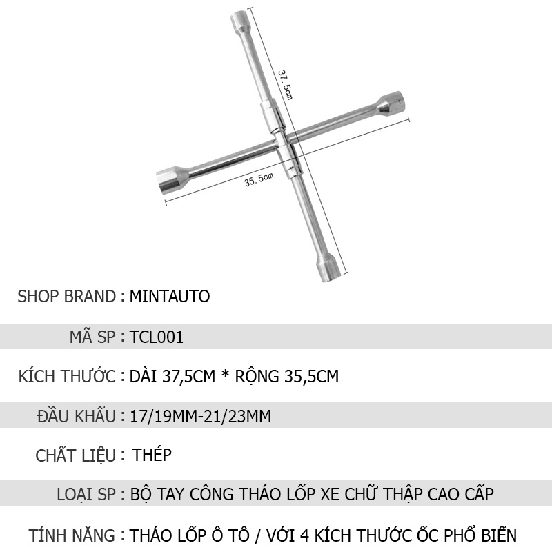 Tay công chữ thập tháo lốp ô tô,xe hơi, xe tải, xe hơi 4 đầu 17,19,21,23mm chắc chắn