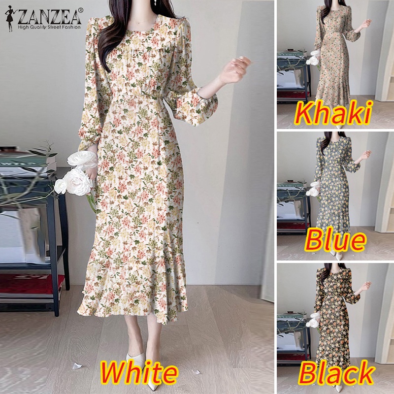 Đầm ZANZEA tay phồng cổ tròn xếp ly họa tiết hoa phong cách thời trang Hàn Quốc cho nữ