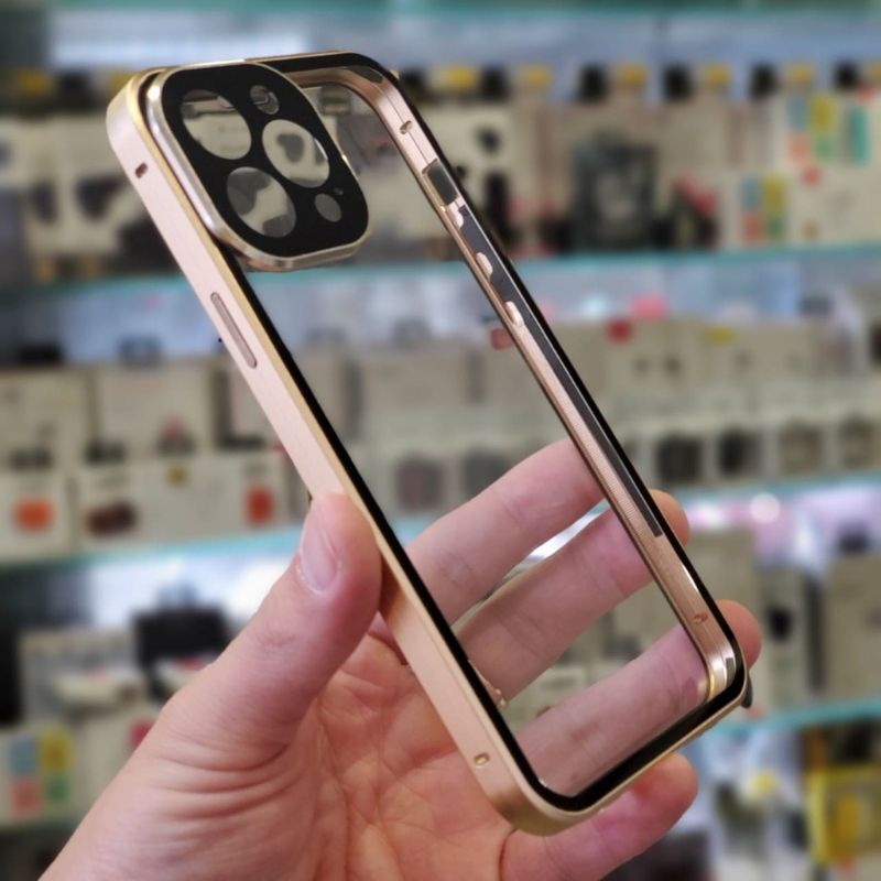 Ốp lưng hít nam châm 2 mặt kính cho iPhone 13, 13 Pro, 13 Pro Max Khung viền nhôm