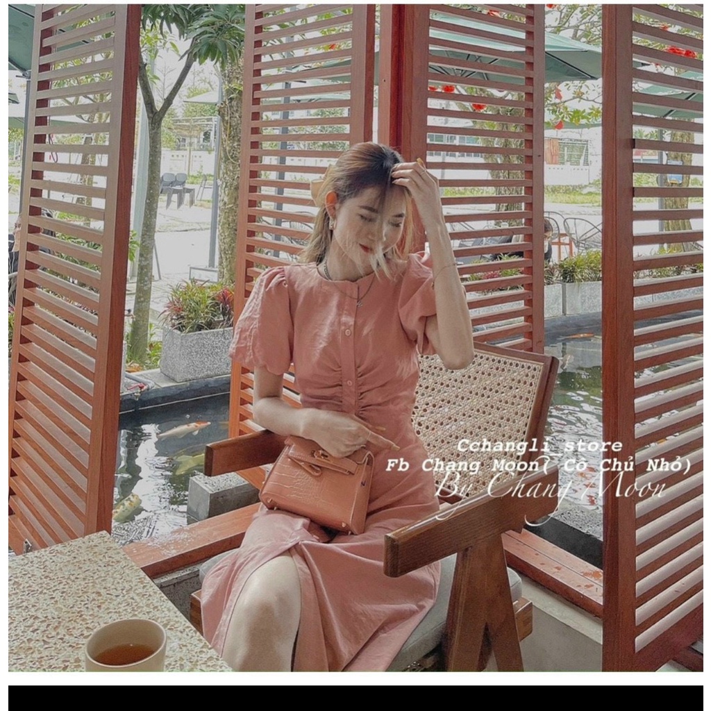 ĐẦM CÔNG SỞ CHỮ A DÁNG DÀI QUA CỔ TRÒN TAY BỒNG THIẾT KẾ CÚC GIỮA TRƯỚC