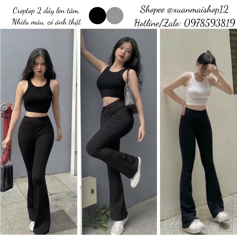 Quần nữ lưng cao ống loe siêu dài chất len tăm dày dặn hai màu đen xám, áo croptop 2 dây, áo ba lỗ
