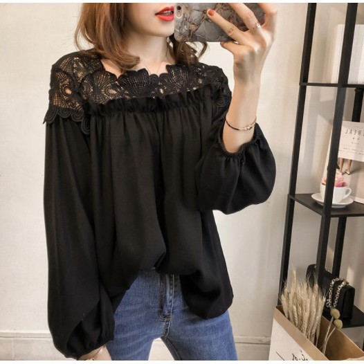 Áo kiểu phối ren tay phồng chất liệu vải chiffon thời trang cho nữ