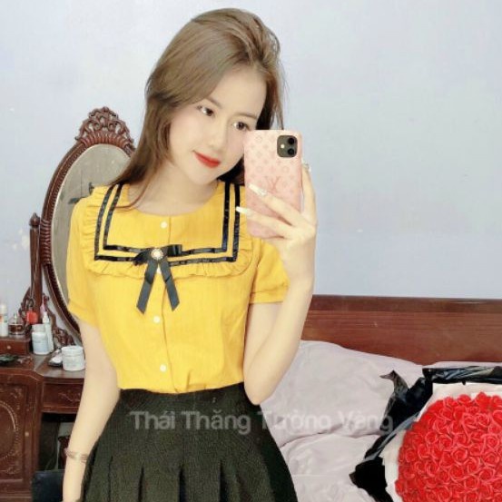 Áo Kiểu Ngắn Tay Chất Đũi Cao Cấp Cổ Áo Phối Viền Đôi, Đính Nơ Xinh Xắn - HÀNG MỚI VỀ