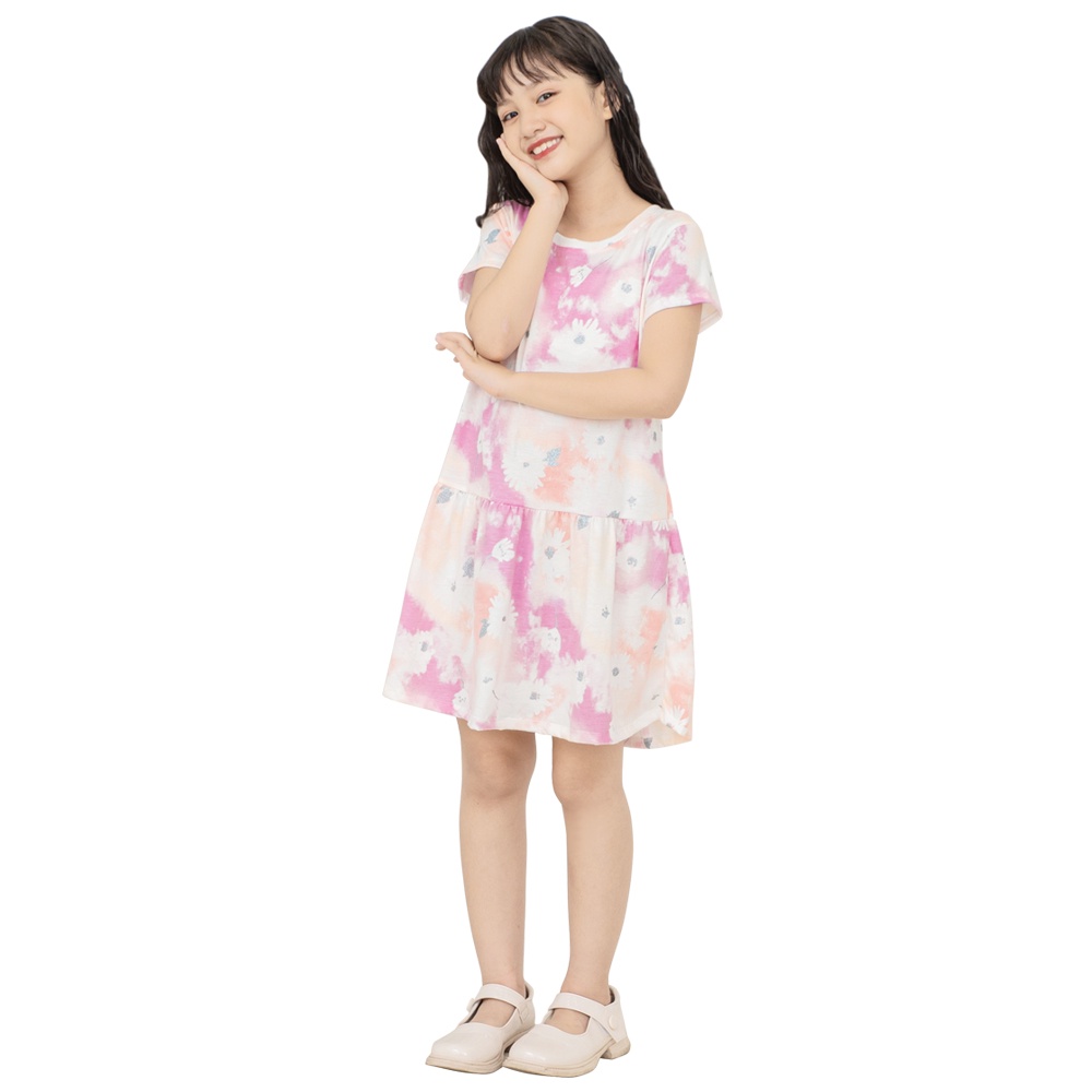 Đầm bé gái size đại, vải hồng loang kim tuyến, từ 20-40 kg, Váy bé gái tay ngắn 100% cotton, KYO293, K9
