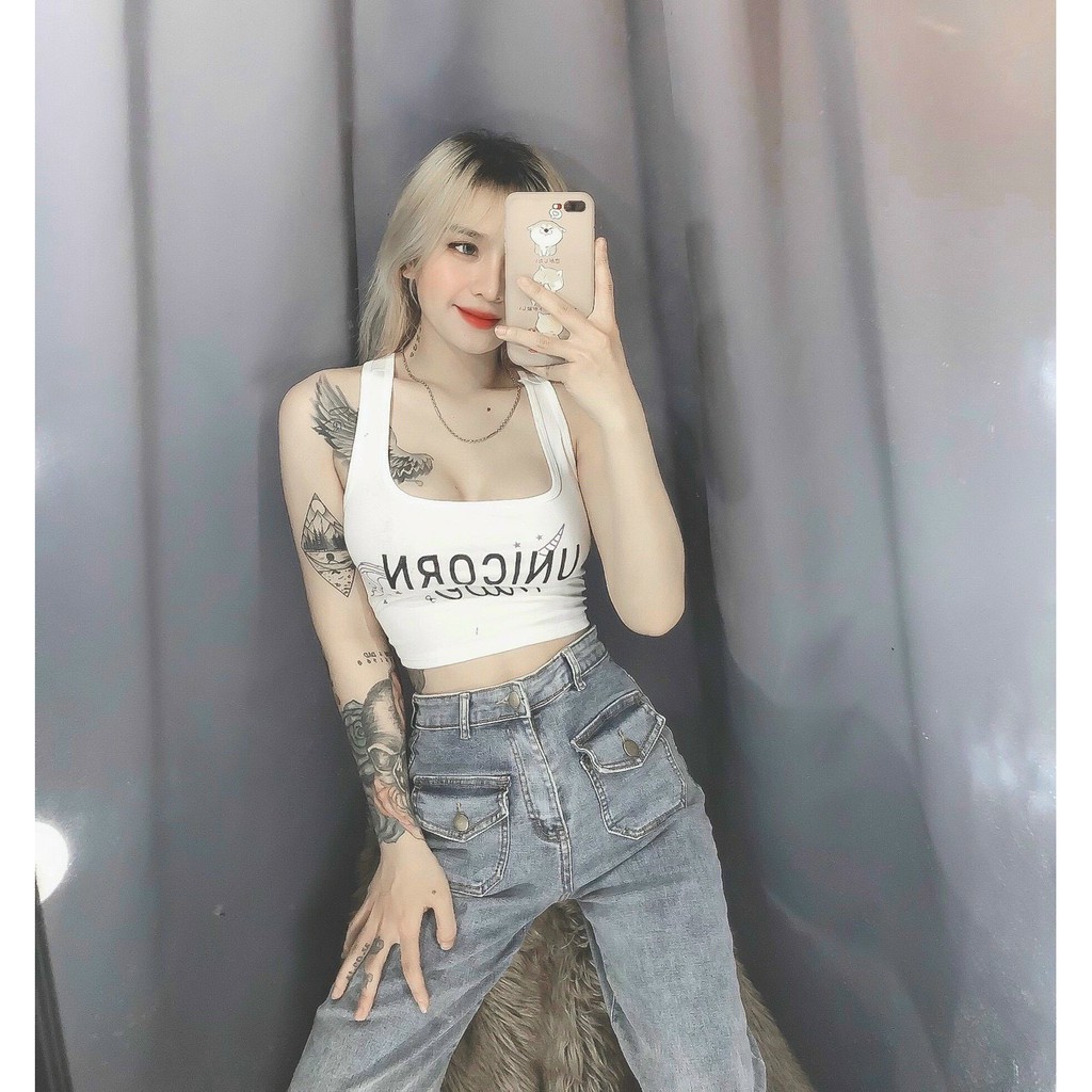 Áo ba lỗ croptop ôm body in chữ trước ngực cực xinh , chất thun bozip dày dặn mềm mịn