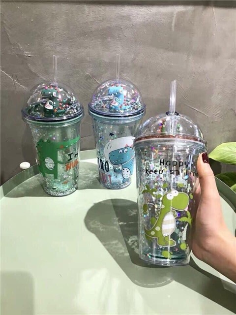Cốc nước khủng long lấp lánh kèm ống hút siêu dễ thương - hàng loại1
