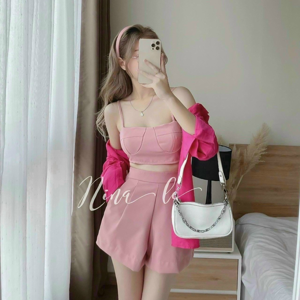 Sét Bộ Nữ Thời Trang Mặc Đi Chơi, Sét Bộ Tuyết Mưa Áo Croptop Hai Dây Mix Quần Đùi Kèm Áo Khoác Lụa Xinh Xắn
