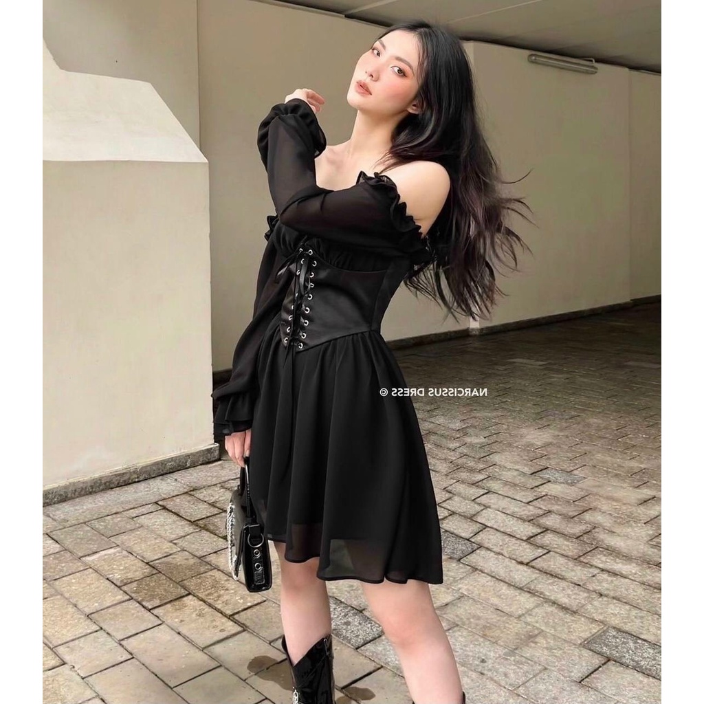 Đầm Xoè Trễ Vai Tay Dài Thắt Dây Ngực