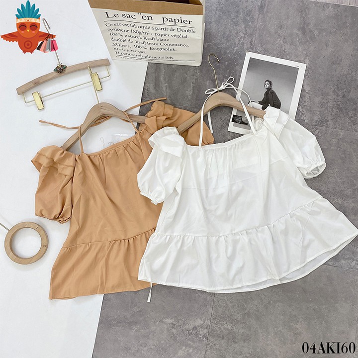 Áo ngắn kiểu babydoll cột nơ vai tầng trắng, nude, xanh mint THOCA HOUSE nữ tính, dịu dàng xinh xắn