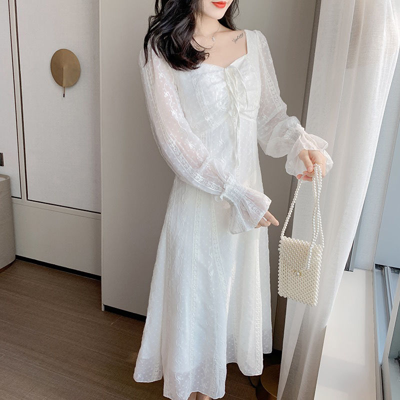 Lace Dress French Style Retro Trumpet Sleeve Square Collar Drawstring Waist-Controlled Slimming Long Sleeve Fairy Dress Female Temperament | BigBuy360 - bigbuy360.vn