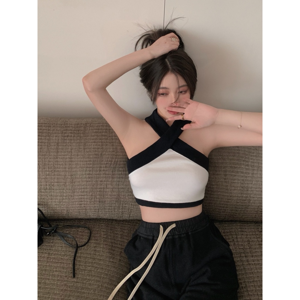 Cocory vn Áo Tank Top Dệt Kim Màu Trắng Đen Thời Trang Cho Nữ