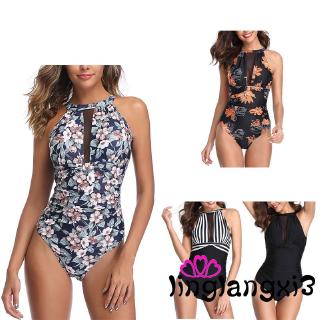 Đồ bơi liền thân cổ cao ôm dáng in họa tiết phối lưới quyến rũ cho nữ