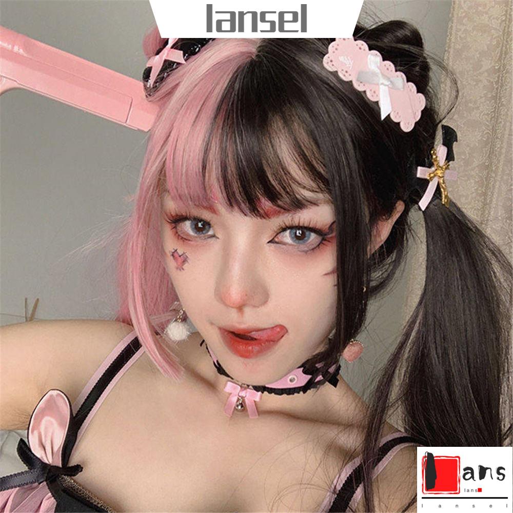 ❤LANSEL❤ Women Female Black&pink Wig Synthetic Bangs Lolita Double Color Toupee Long Thick Hair Extension Harajuku Goth Style Hair Cosplay Long Straight Hair