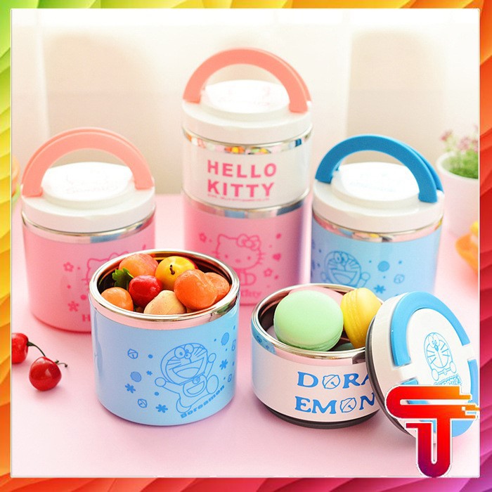 Cặp lồng cơm giữ nhiệt 2 tầng Hello Kitty và Dremon. Hộp Cơm Giữ Nhiệt 2 Tầng Hình Thú Ngộ Nghĩnh T3B3