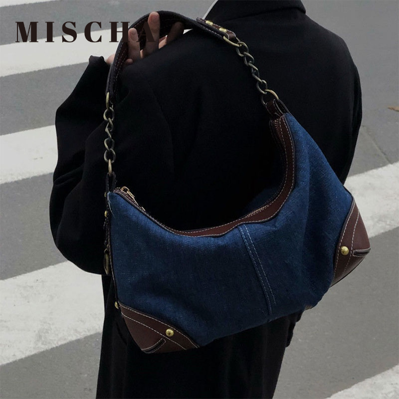 Mischa Túi Xách denim Đeo Vai Màu Tương Phản Phong Cách retro Thời Trang Cho Nữ