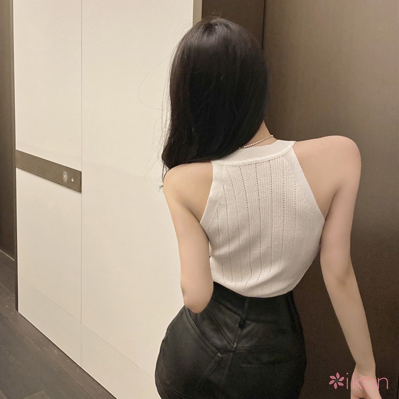 Áo Hai Dây Dệt Kim Màu Sắc Đơn Giản Phong Cách Retro Cho Nữ