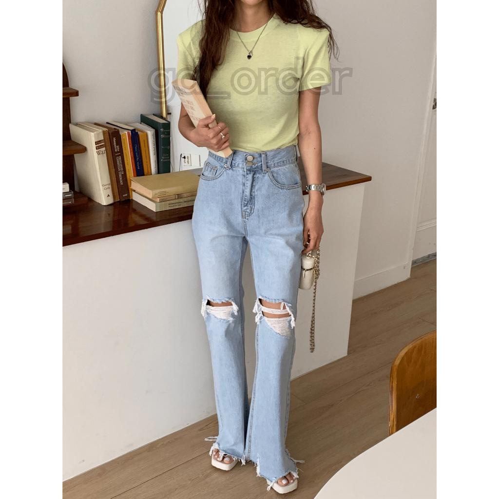Q11|Quần jeans bò nữ ống rộng lưng cao rách gối hàn quốc basic dễ mặc đi học, đi chơi gd_order