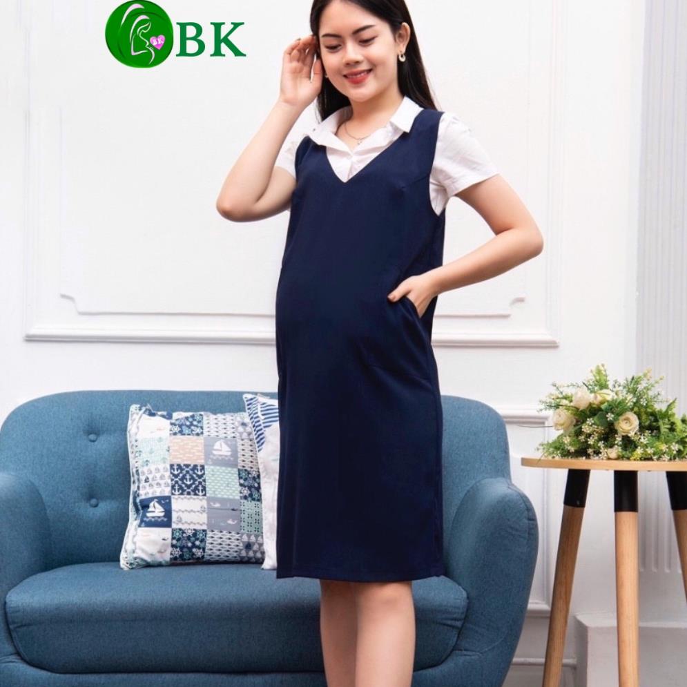 Đầm yếm bầu công sở cổ V thiết kế dễ thương , Váy bầu đẹp dáng suông BK Shop từ 38 đến 75kg (Không kèm áo trong) ND
