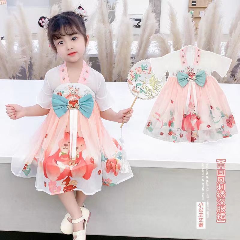 Đầm Hán Phục Tay Ngắn Chất Liệu Chiffon Thêu Họa Tiết Đính Nơ Thời Trang Mùa Hè Mới 2022 Cho Bé Gái