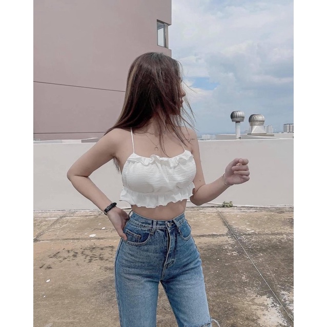 Áo kiểu nữ ống có kèm mút viền bèo lưng đan dây bún sexy chất phi bóng sang chảnh