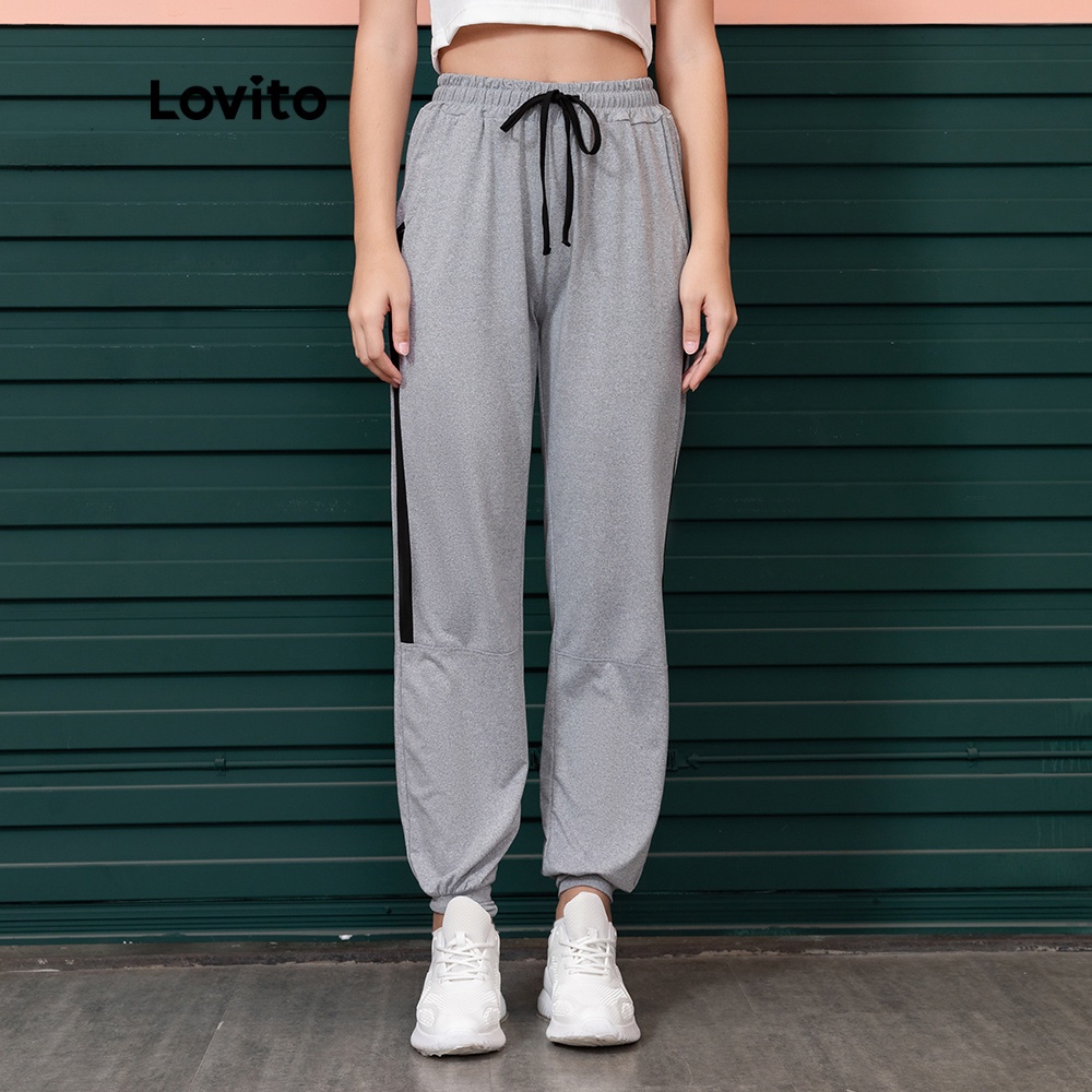 Quần Lovito kiểu thể thao màu trơn tương phản viền mép L06001 (màu xám)