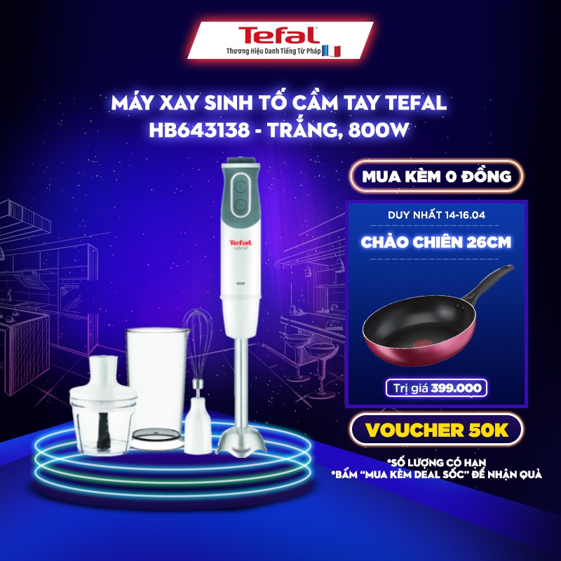 [Mã ELTEFALWL5 giảm 10% đơn 500K] Máy xay sinh tố cầm tay Tefal HB643138 - trắng, 800W