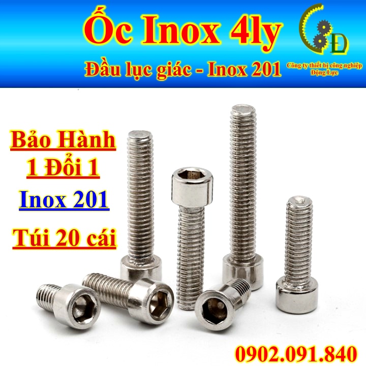 [20 cái] Ốc lục giác chìm 4ly, bulong (bu lông) inox 201 M4, vít chốt dài 14mm, 20mm, 30mm