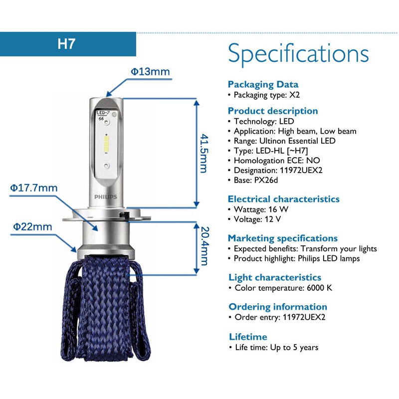 Philips Ultinon Essential LED H4 H7 H8 H11 H16 HB3 HB4 HIR2 Đèn Pha ô Tô Đèn Sương Mù 6000K (1 Bóng đèn)