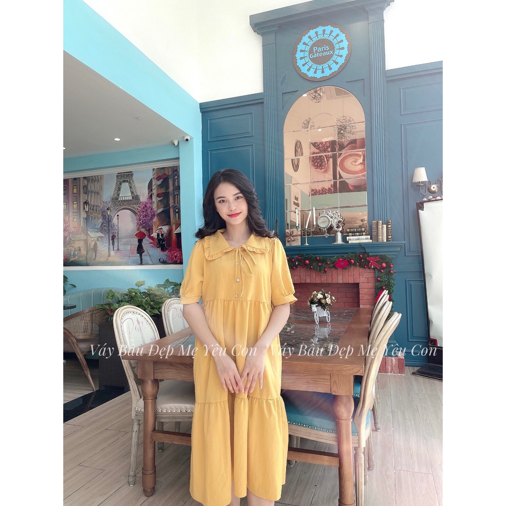 Đầm bầu công sở Váy bầu đẹp màu vàng 3 tầng cổ buộc nơ MYC 13M