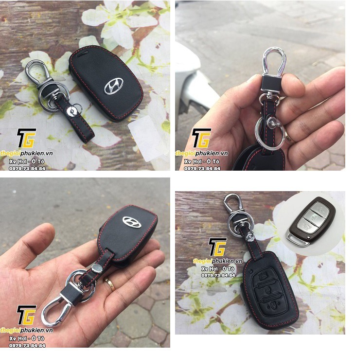 Bao da móc viền chỉ đỏ bảo vệ chìa khóa xe Hyundai Tucson, i10, Elantra kèm móc đeo Inox