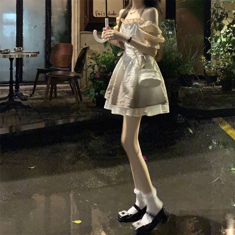 Đầm xòe tay phồng màu loang nâu oder taobao