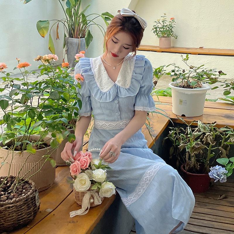 Đầm Nữ Dáng Dài Chiết Eo Màu Trắng / Xanh Sữa Phong Cách Pháp Thanh Lịch