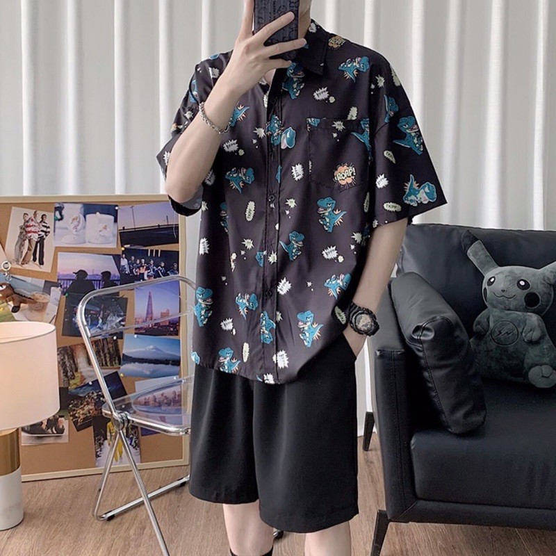 Áo sơ mi unisex hình khủng long tí hon (đen/trắng)
