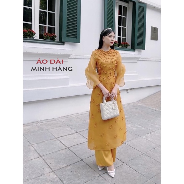 Áo Dài Cách Tân Nữ 4 Tà May Sẵn Thiết Kế Điểm Nơ Nhí Nổi Bật Màu Vàng_Áo Dài Minh Hằng Bigsize- MH005