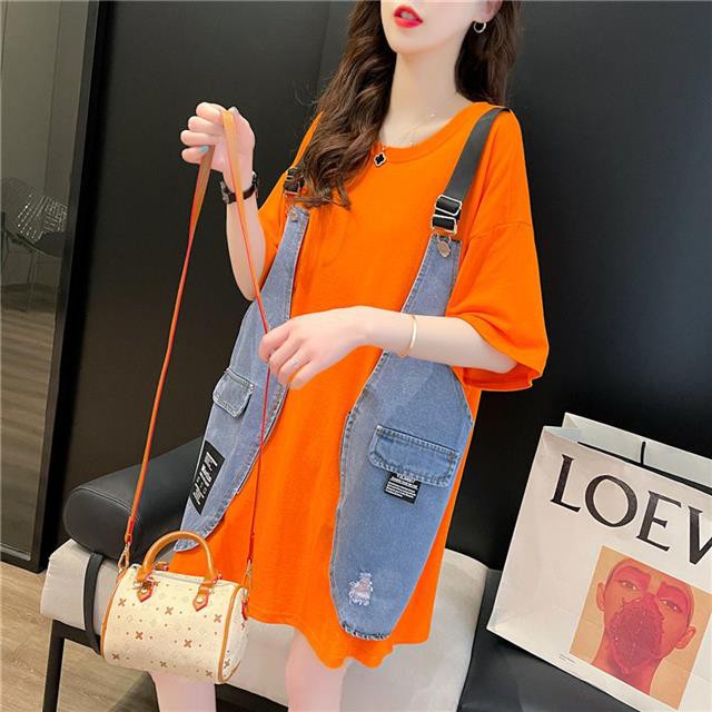 Women's patchwork denim fake two pieces short sleeve T-shirt mid-length summer 2021 New Instafamous design sense large s