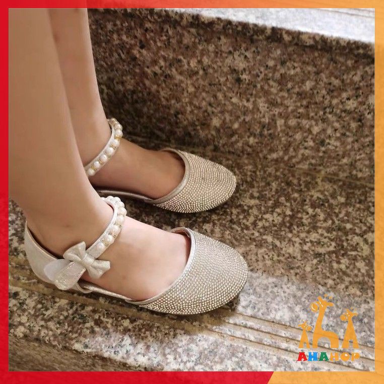 Giày Búp Bê Cho Bé Gái - Giày quai hậu đính đá có quai dán ngọc gắn nơ xinh xắn phong cách Hàn Quốc cho bé YNK89