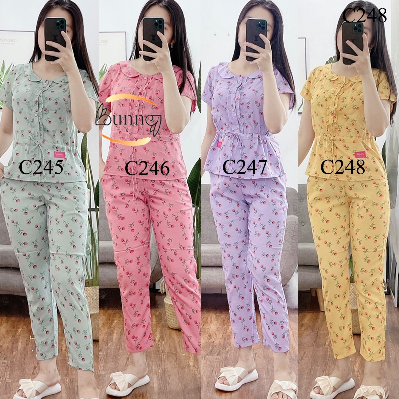 QUẦN ÁO NỮ MẶC NHÀ TAY CỘC QUẦN DÀI, ĐỒ BỘ NỮ MẶC Ở NHÀ CỔ SEN HỌA TIẾT HOA LÁ 4 MẦU LỰA CHỌN