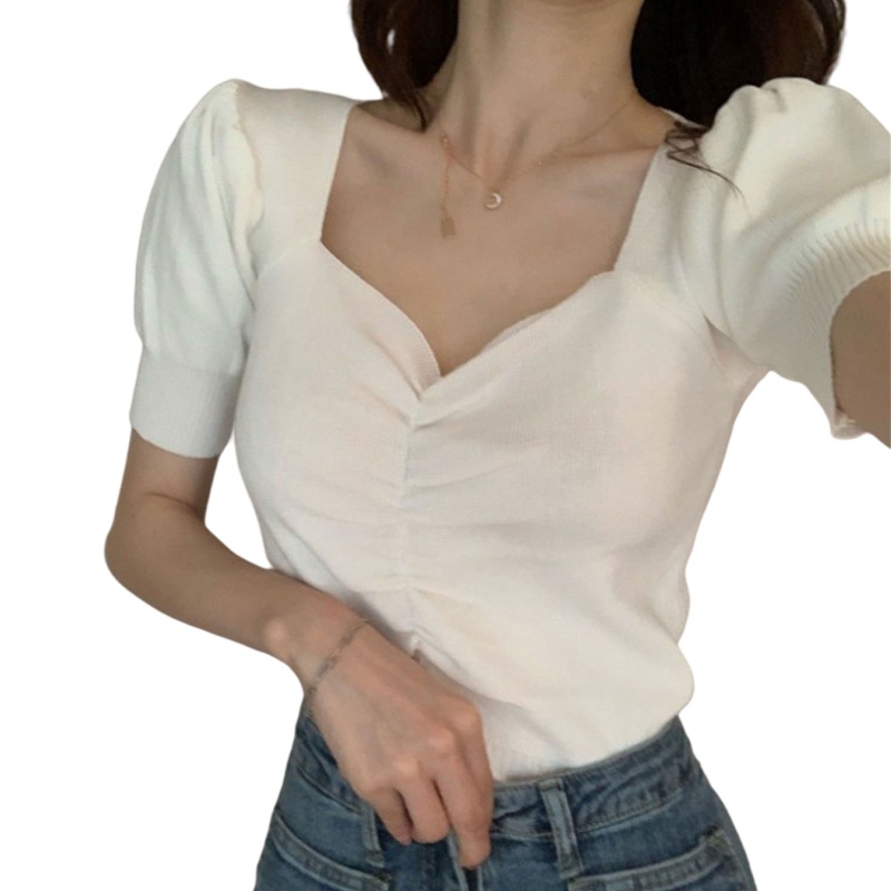 Áo Croptop Dệt Kim Tay Ngắn Cổ Chữ V Màu Sắc Thanh Lịch